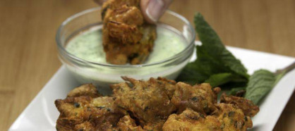 Indian Chickpea and Onion Fritters with Fresh Green Chutney