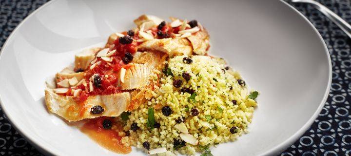 Pan Seared Chicken Breast with Saffron Tomato Sauce & Jeweled Couscous